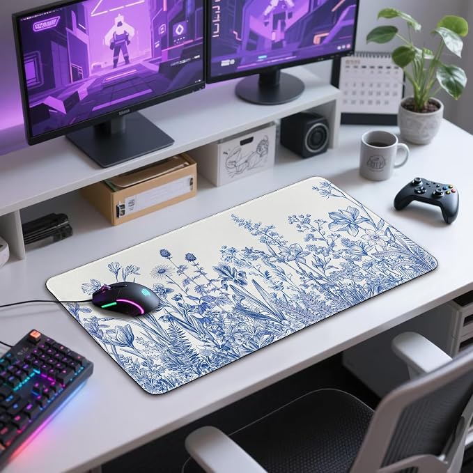 Narcissus Blue Floral Large Gaming Mouse Pad 31.5"x15.7"｜ Flower XXL Desk Mat - Image 9