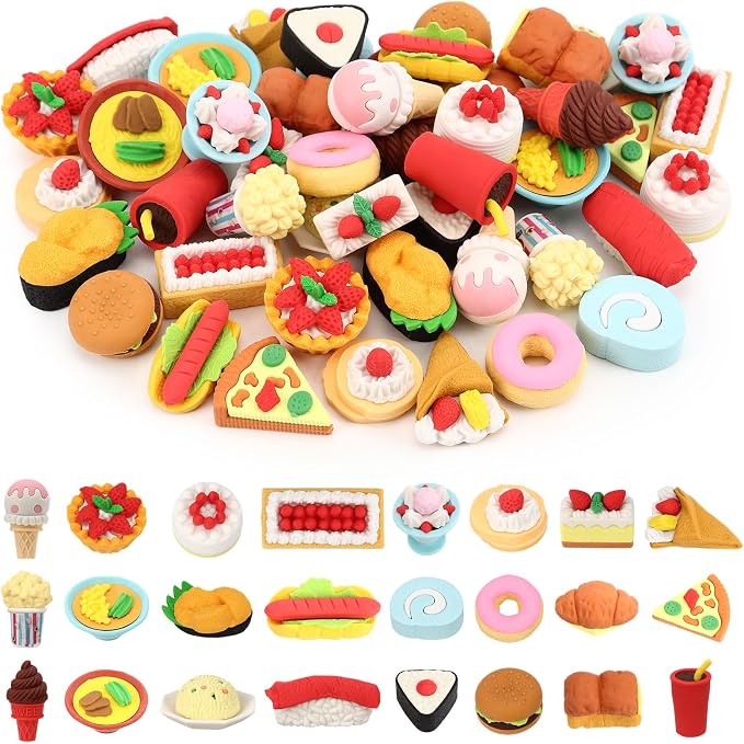 24 Pcs Mini Food Erasers, 3D Fruit Cake Dessert Pencil Erasers, Take Apart by KINYFY