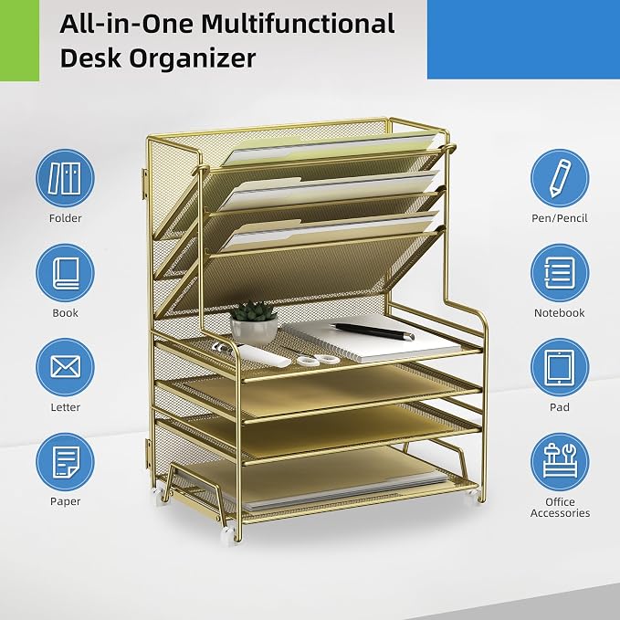 MINDEPOT 4-Tier Paper Organizer + 3-Pocket File Holder + Drawer + Pen Holders - Image 3