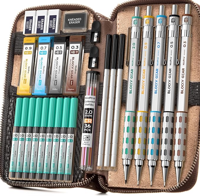 Nicpro Blocky Gear Metal Mechanical Pencil Set in Leather Case, 0.9&2mm Lead by Nicpro