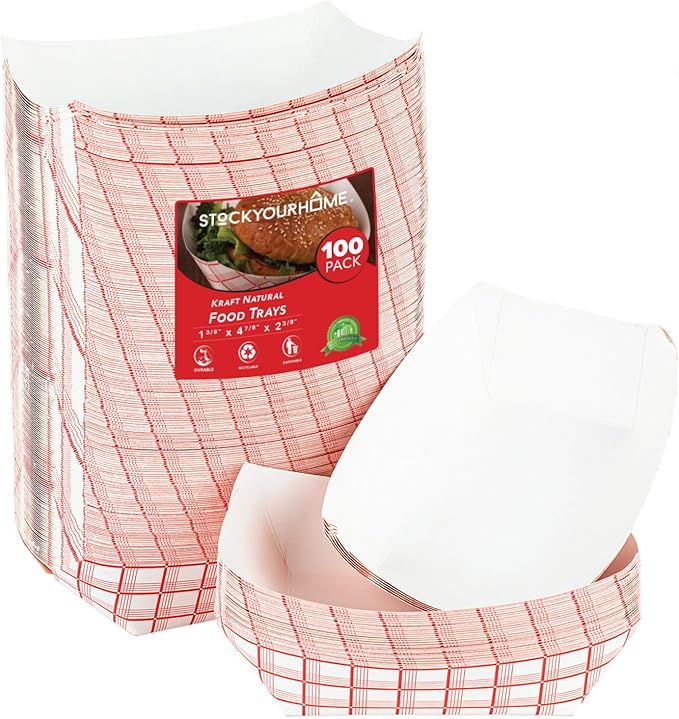 Small Paper Food Boats 1 Lb Disposable Red & White Checkered Trays, Eco by StockYourHome