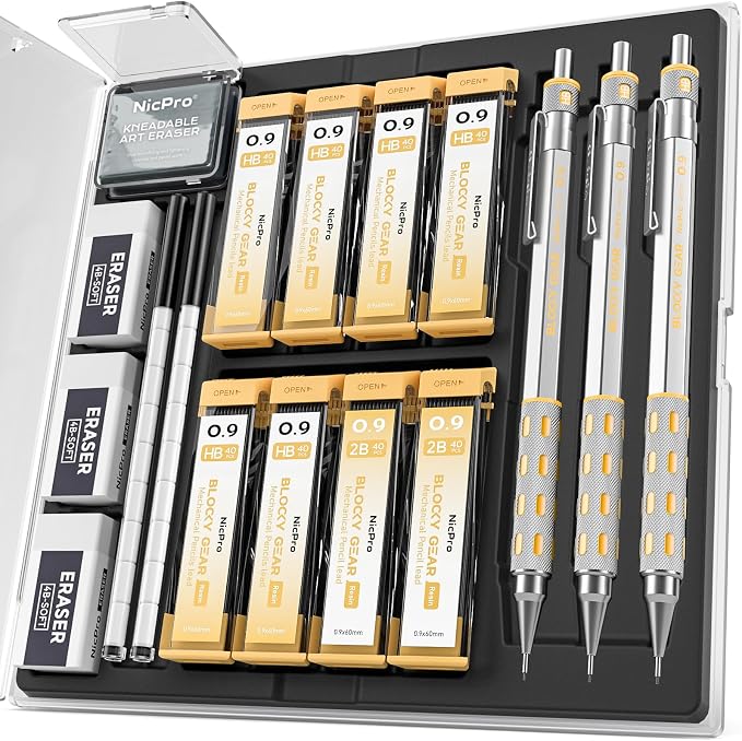 Nicpro Blocky Gear 0.9 mm Mechanical Pencils Set in Case, 3 Pack Metal Pencil 8 by Nicpro