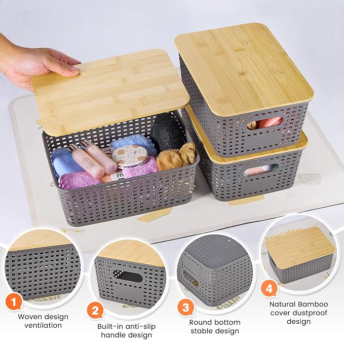 Plastic Storage Baskets With Bamboo Lid - Image 3