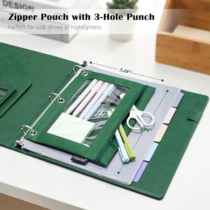 Ospelelf Green Leather 3 Ring Binder 1 Inch Round Ring, Magnetic Clipboard Folio - Image 5