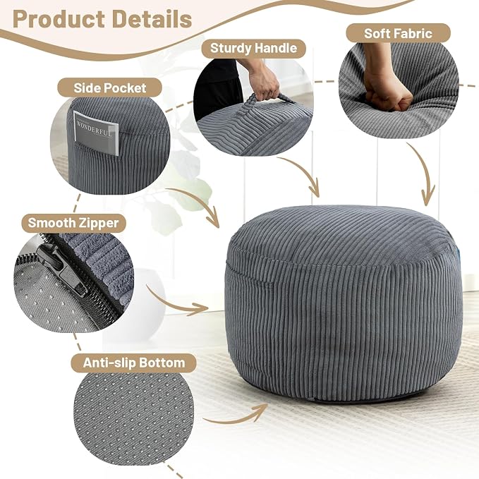 Round Stuffed Pouf Ottoman, Corduroy Foot Rest - Image 6