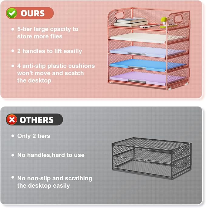 Marbrasse 5 Tier Paper Organizer Letter Tray, Mesh Desk File Organizer - Image 2