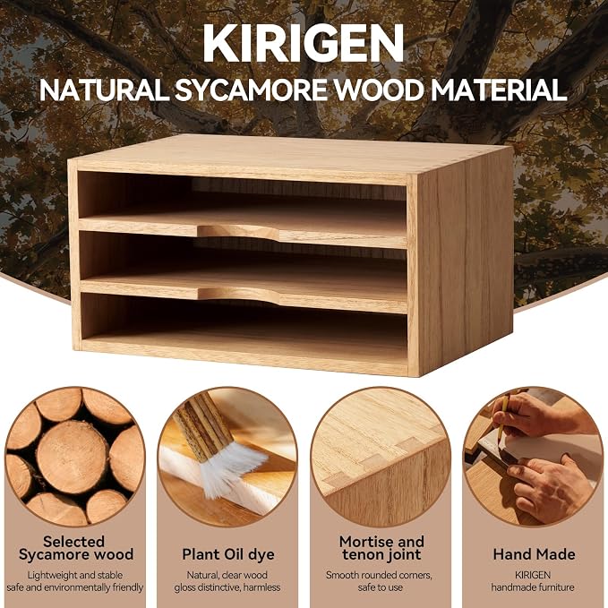KIRIGEN Wooden Desktop Organizer, 3 Tier Solid Wood Letter Tray and Paper File - Image 8