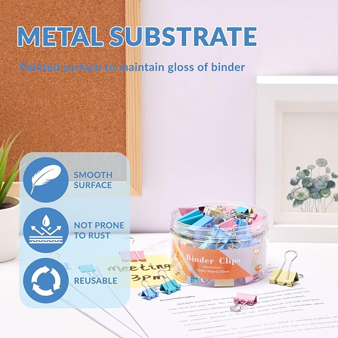 NEEWAY 100 Count Binder Clips Assorted Sizes, Paper Binder Clips, Metal Paper - Image 5