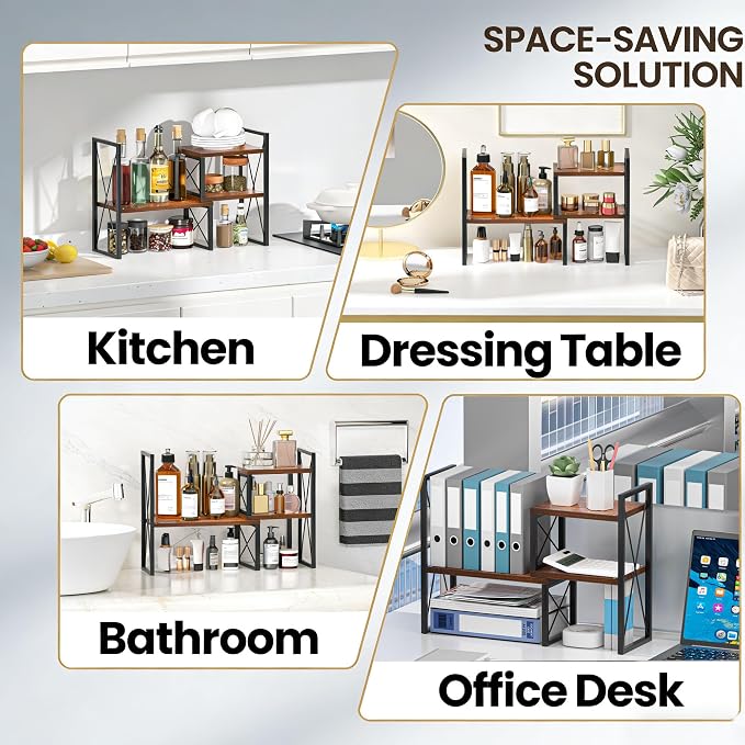 Expandable Desktop Shelf Organizer, 2 Tier Wood Desk Shelf - Image 5