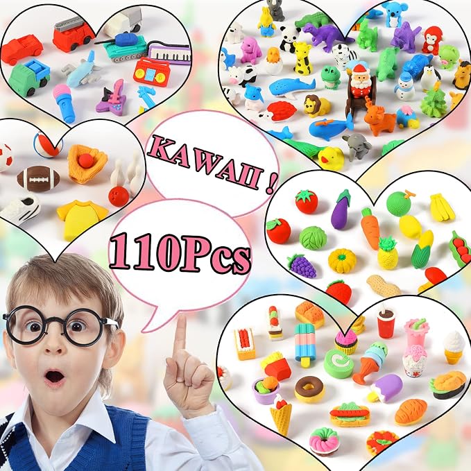 URSKYTOUS 110Pcs Animal Erasers Kids Desk Pets Pencil Erasers 3D Puzzle Eraser - Image 2
