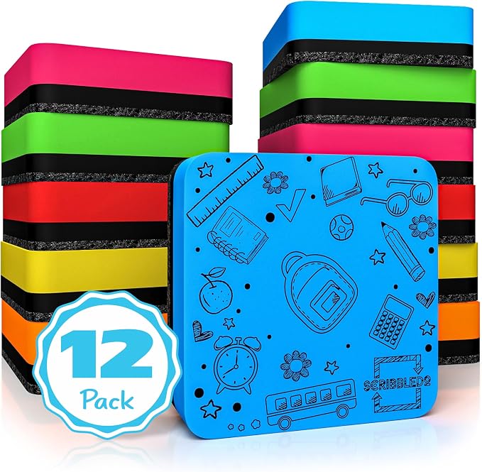 12 Pack Dry Erase Erasers Assorted Colors Magnetic Whiteboard Erasers by Scribbledo