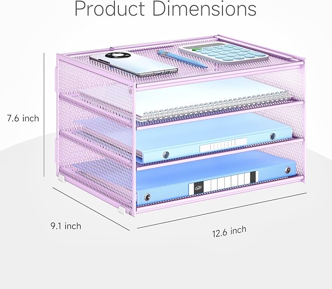 Lavatino 3-Tier Letter Tray Desk Organizer – Purple Mesh Metal Paper File Tray - Image 8