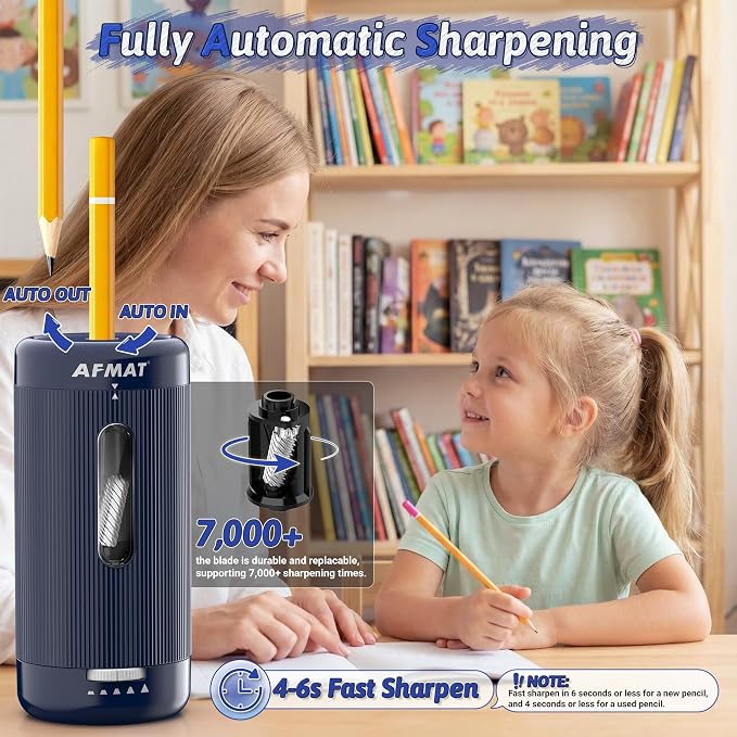 AFMAT Electric Pencil Sharpener, Auto in & Out, 5 Nibs, 7K+ Uses, Fully - Image 2