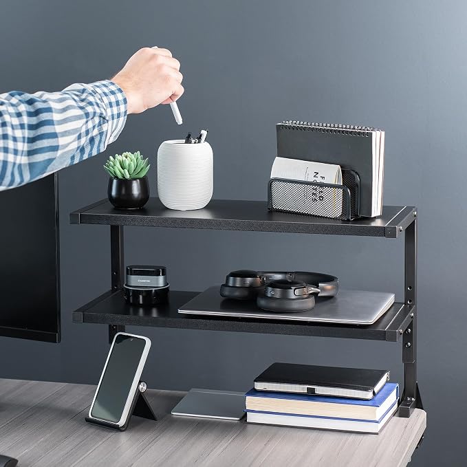 VIVO Black Clamp-on 24 inch 2-Tier Desk Shelf, STAND-SHELF24C | Above or Below - Image 8