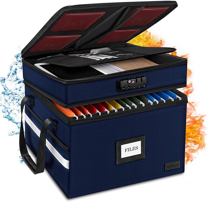 Fireproof Document Box with Lock, 2-Layer File Box Storage Organizer with 5 by ETRONIK