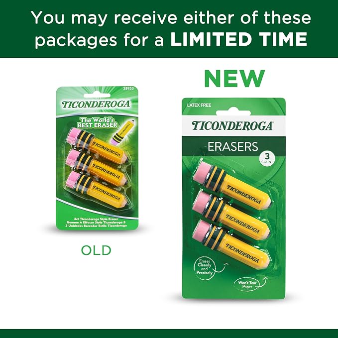 TICONDEROGA ® Erasers, Pencil Shaped, 3 ct | Yellow, 0.75" x 2.875" - Image 5