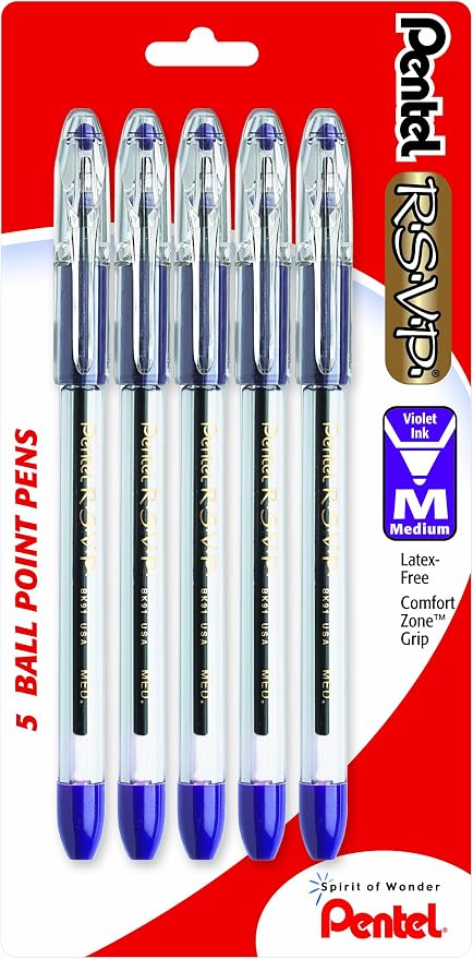 Pentel R.S.V.P. Ballpoint Pen, Medium Line, Violet Ink, 5 Pack by PentelofAmerica