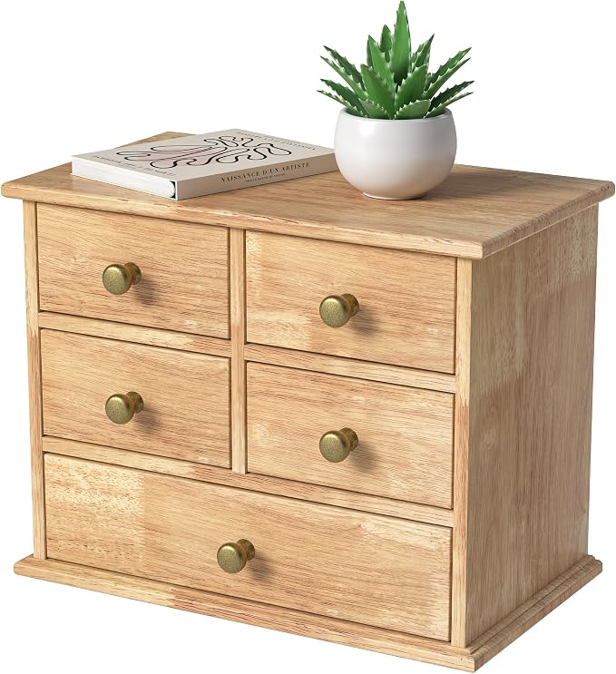 Oak Desk Organizer with Drawers, Wooden Desktop Storage Box with Metal Handles by JNFUZ