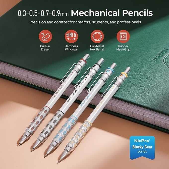 Nicpro 4 Pack Blocky Gear 0.3, 0.9 mm Metal Mechanical Pencils Set - Image 2