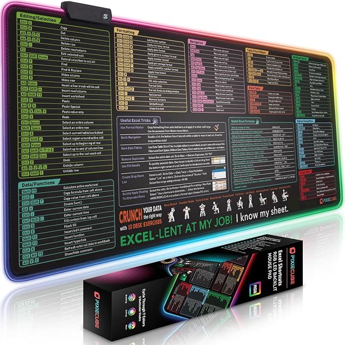 Excel Cheat Sheet LED Desk Pad | Excel Shortcut Keys Mouse Pad by PIXIECUBE