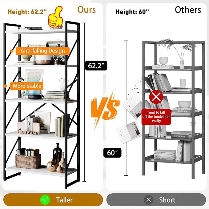 Shintenchi 5 Tiers Bookshelf, Classically Tall Bookcase Shelf, Industrial Book - Image 3
