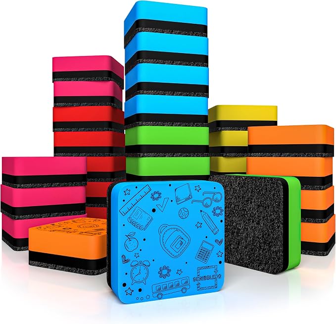 30 Pack Dry Erase Erasers Assorted Colors Magnetic Whiteboard Erasers by Scribbledo