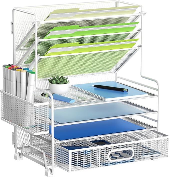 MINDEPOT 4-Tier Paper Organizer + 3-Pocket File Holder + Drawer + Pen Holders by MINDEPOT