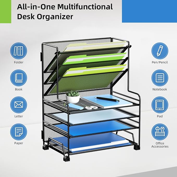 MINDEPOT 4-Tier Paper Organizer + 3-Pocket File Holder + Drawer + Pen Holders - Image 4