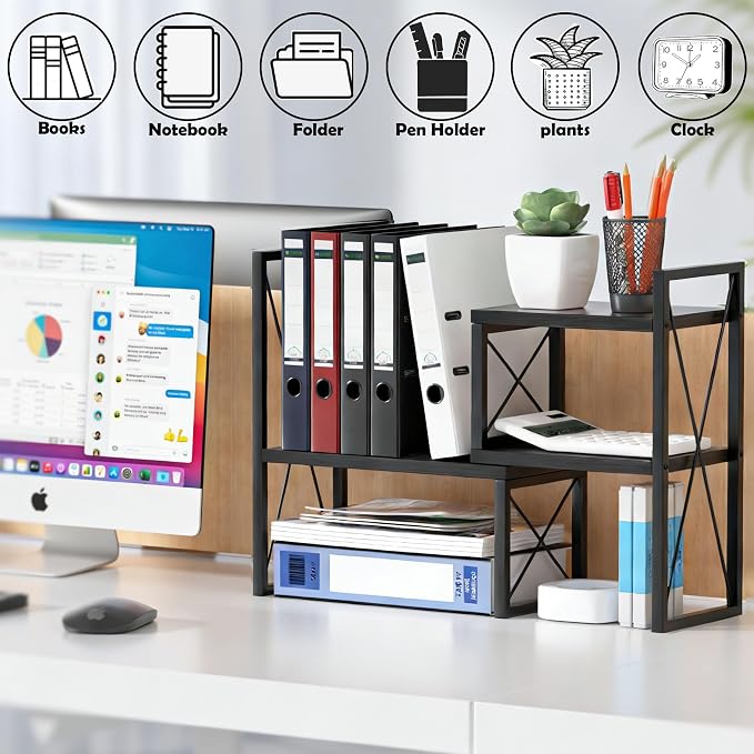 Expandable Desktop Shelf Organizer, 2 Tier Wood Desk Shelf - Image 3