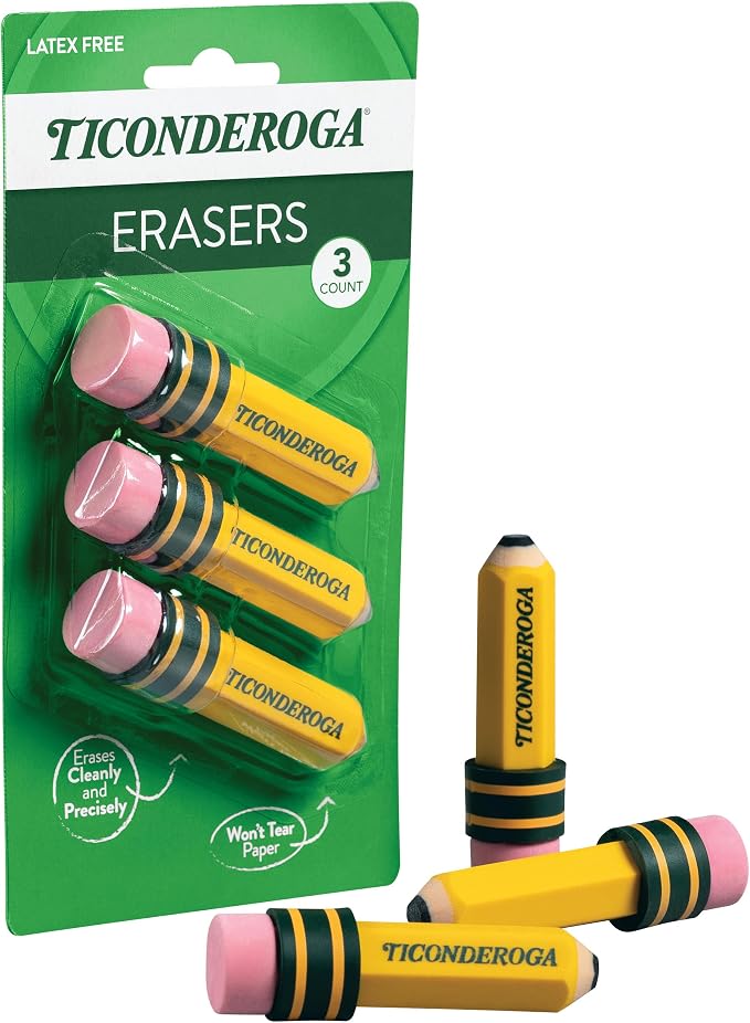 TICONDEROGA ® Erasers, Pencil Shaped, 3 ct | Yellow, 0.75" x 2.875" - Image 4
