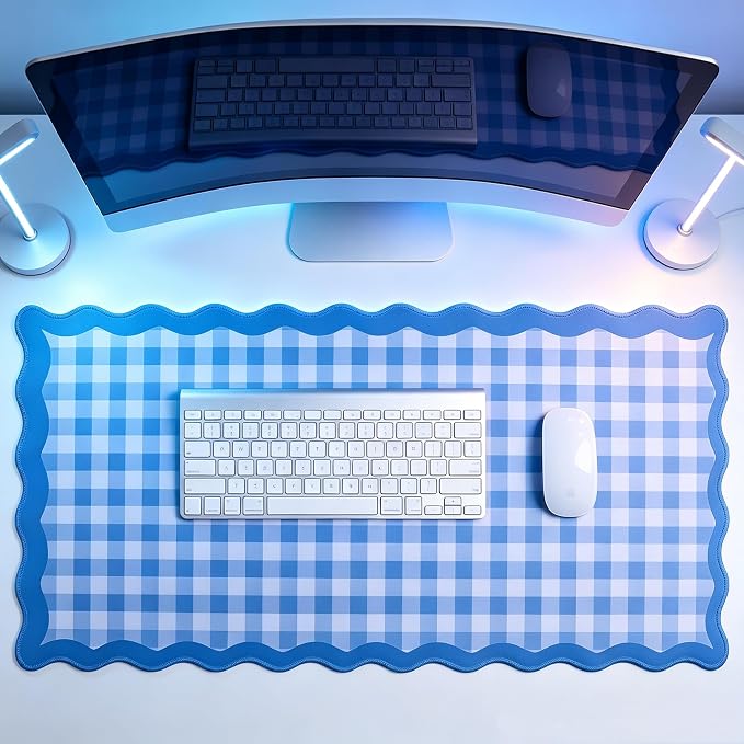 yuboo 31"×15.7" Scalloped Blue White Gingham Waterproof Pastel Desk Mat Vintage by yuboohomedecorations