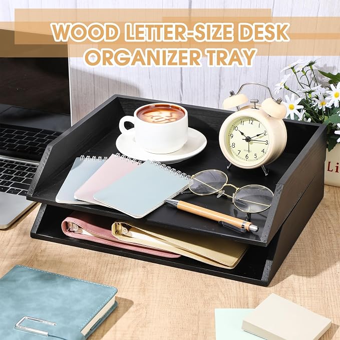 Beeveer 2 Pcs Black Wood Letter Tray Wooden Desk Paper Organizer 2 Tier - Image 3