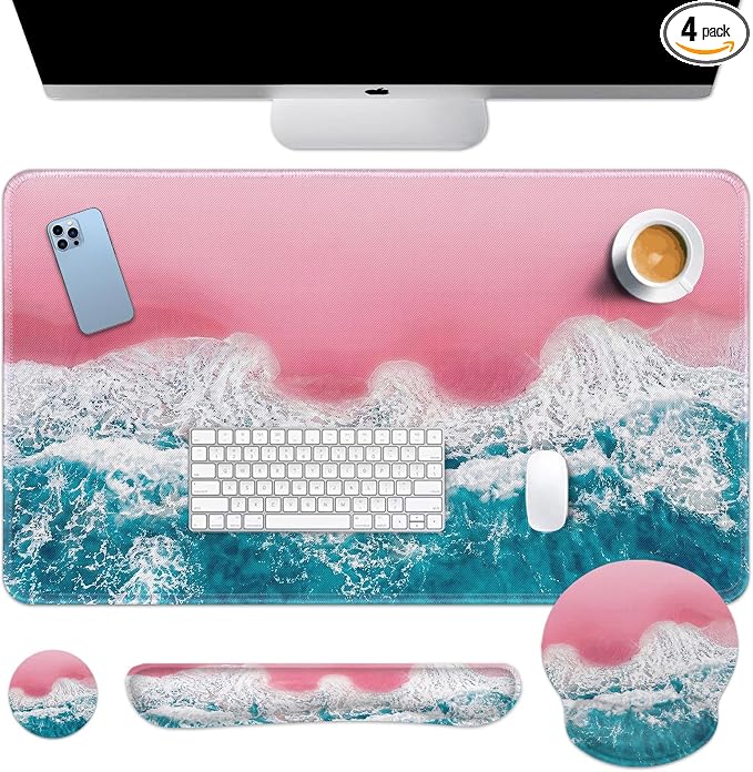 Britimes Blue Sea Keyboard Mouse Pad Set Pink Sand Beach 4in1 Large by Britimes