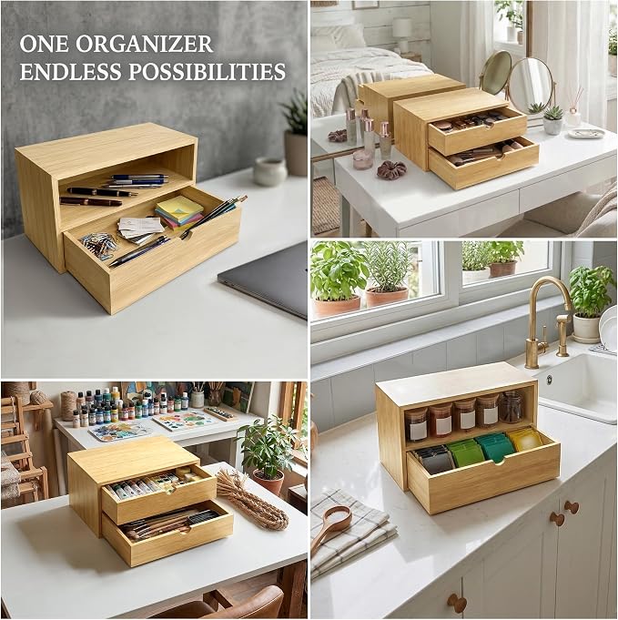Bamboo Desk Organizer with 2 Drawers, Desktop Drawers Wooden Storage Box 13.4 x - Image 6