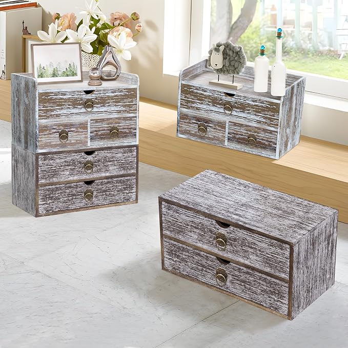 Wood Desk Organizer with Drawer, Washed Brown Wooden Desktop Organizer - Image 9