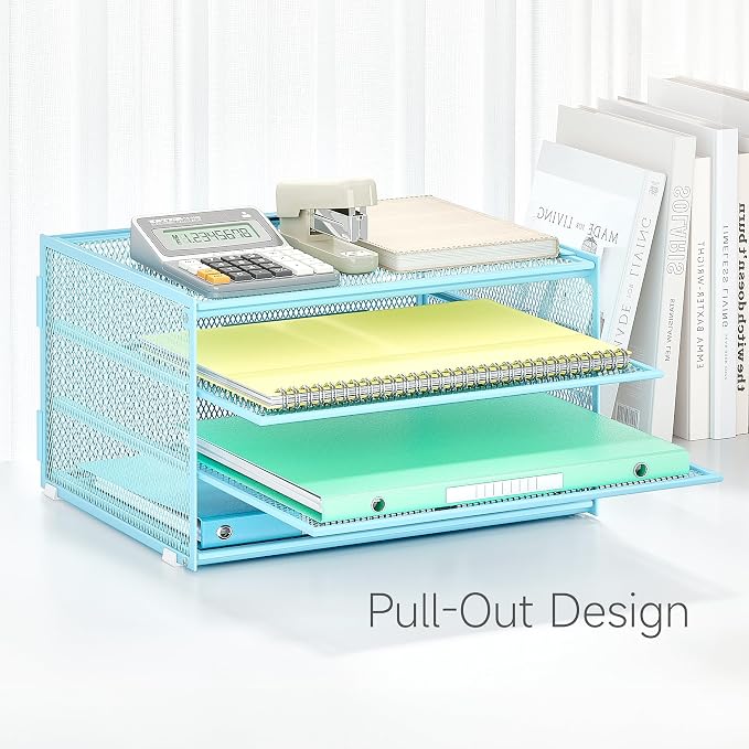 Lavatino 3-Tier Letter Tray Desk Paper Organizer – Blue Mesh Metal File Tray - Image 4