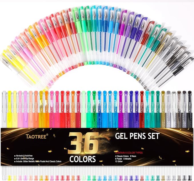 Taotree Glitter Gel Pens, 36 Colors Neon Glitter Pens, Colored Gel Markers | by Taotree