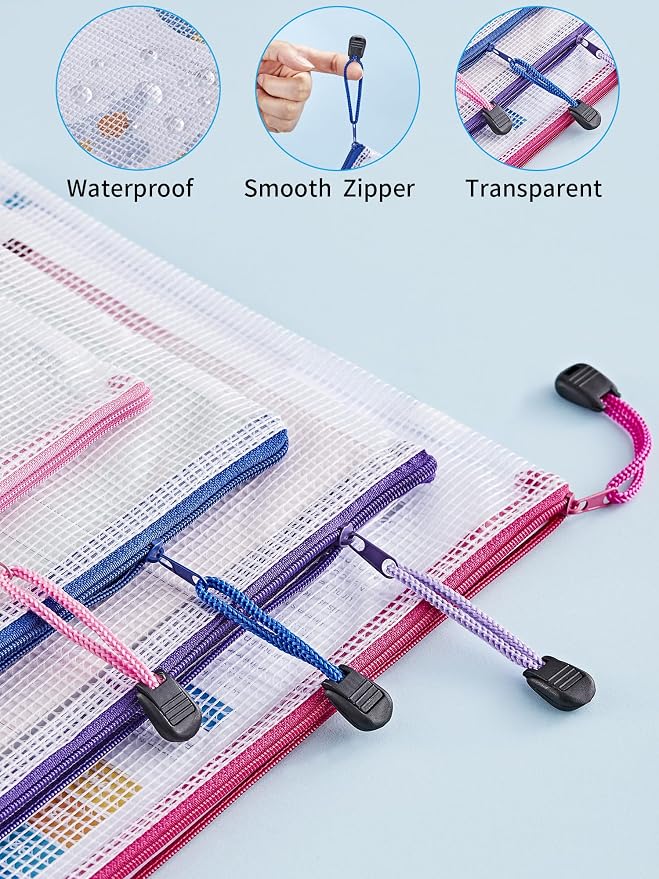 JARLINK 18 Pack 8 Sizes Mesh Pouch, 9 Colors, Waterproof Zipper Bags Document - Image 4