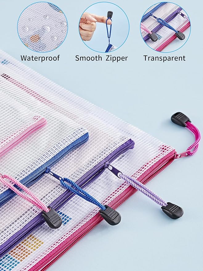 JARLINK 24 Pack 8 Sizes Mesh Pouch, 9 Colors, Waterproof Zipper File Bags - Image 4