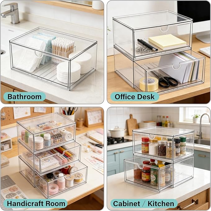 Prsildan Acrylic Makeup Organizer, 2 Pack Stackable Clear Storage Drawers - Image 4
