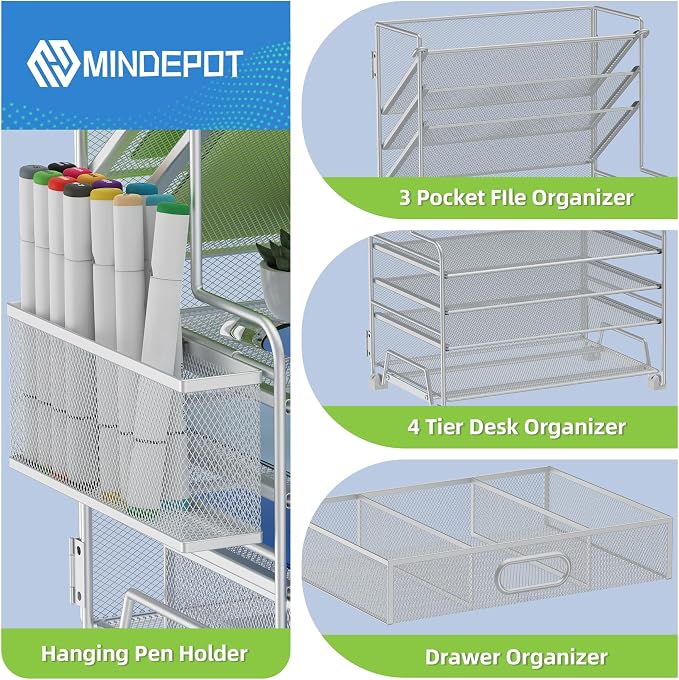 MINDEPOT 4-Tier Paper Organizer + 3-Pocket File Holder + Drawer + Pen Holders - Image 3