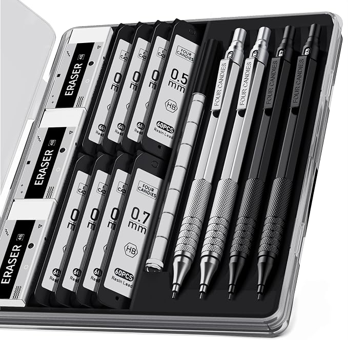 Four Candies 4PCS Metal Drafting Mechanical Pencil Set, 0.5mm & 0.7mm Point | by FourCandies