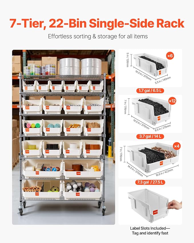 VEVOR 7-Tier Rolling Bin Storage Rack, 22 Organizer Bins, Bin Rack Storage - Image 4