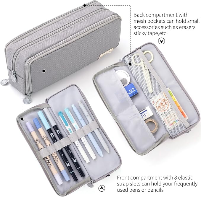 CICIMELON Large Capacity Pencil Case 3 Compartment Pouch Pen Bag - Image 3