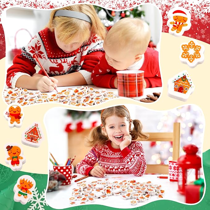 FOIMAS 120pcs Christmas Erasers, Mini Xmas Eraser Gingerbread Man Pencil - Image 6