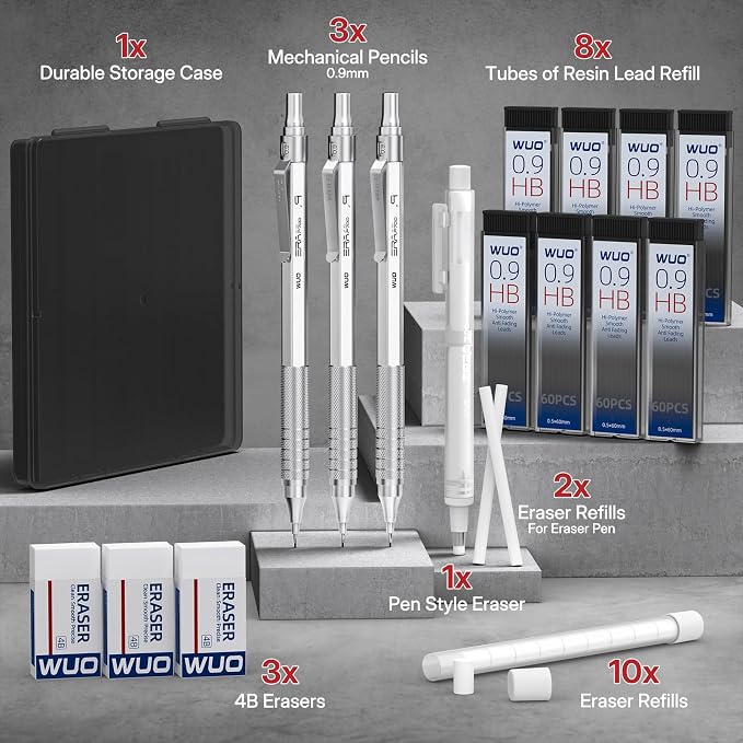 WUO 0.9mm Mechanical Pencil Set, 3 Silver Metal Drafting Pencils - Image 7