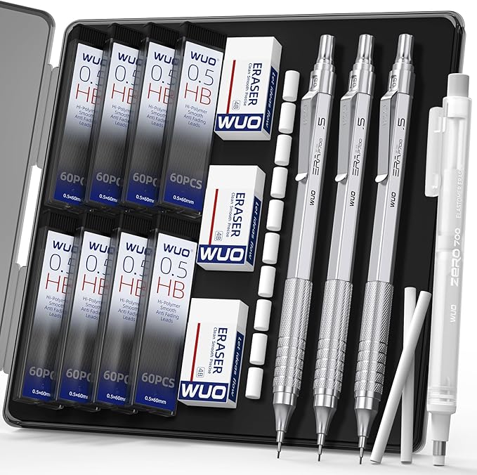WUO 0.5mm Mechanical Pencil Set, 3 Silver Metal Drafting Pencils by WUO