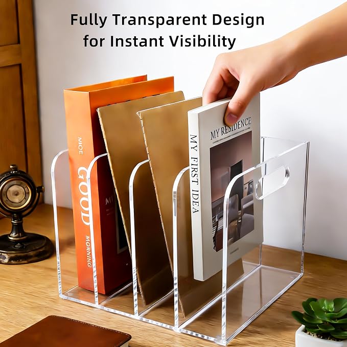 4 Vertical Compartments Clear Acrylic Magazine & File Holder – Multipurpose - Image 6