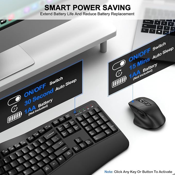 Wireless Keyboard and Mouse Combo, 2.4G Full Size Wave Keys Ergonomic Keyboard - Image 6