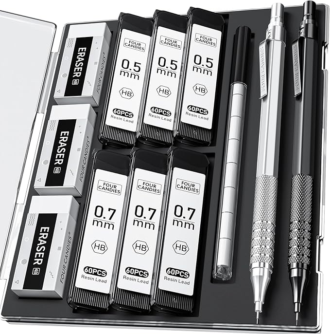 Four Candies 2PCS 0.5mm & 0.7 mm Metal Mechanical Pencils Set, 12 Erasers by FourCandies